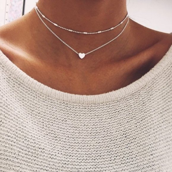 Layered Heart Choker Necklace (Silver)